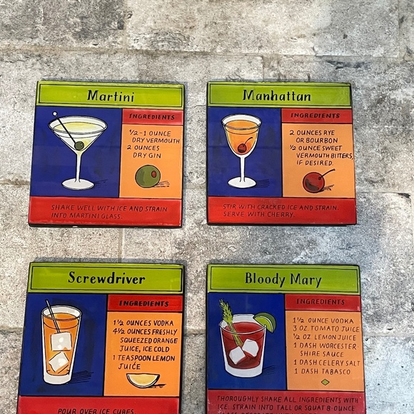 ❤️ CRATE & BARREL PAINTED GLASS DRINK RECIPE COASTERS SET OF 4 NEW - Picture 5 of 9